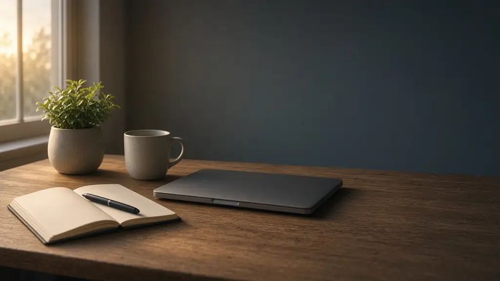 A quiet wooden desk at dawn with a closed laptop, a notebook and a mug in soft window light.
